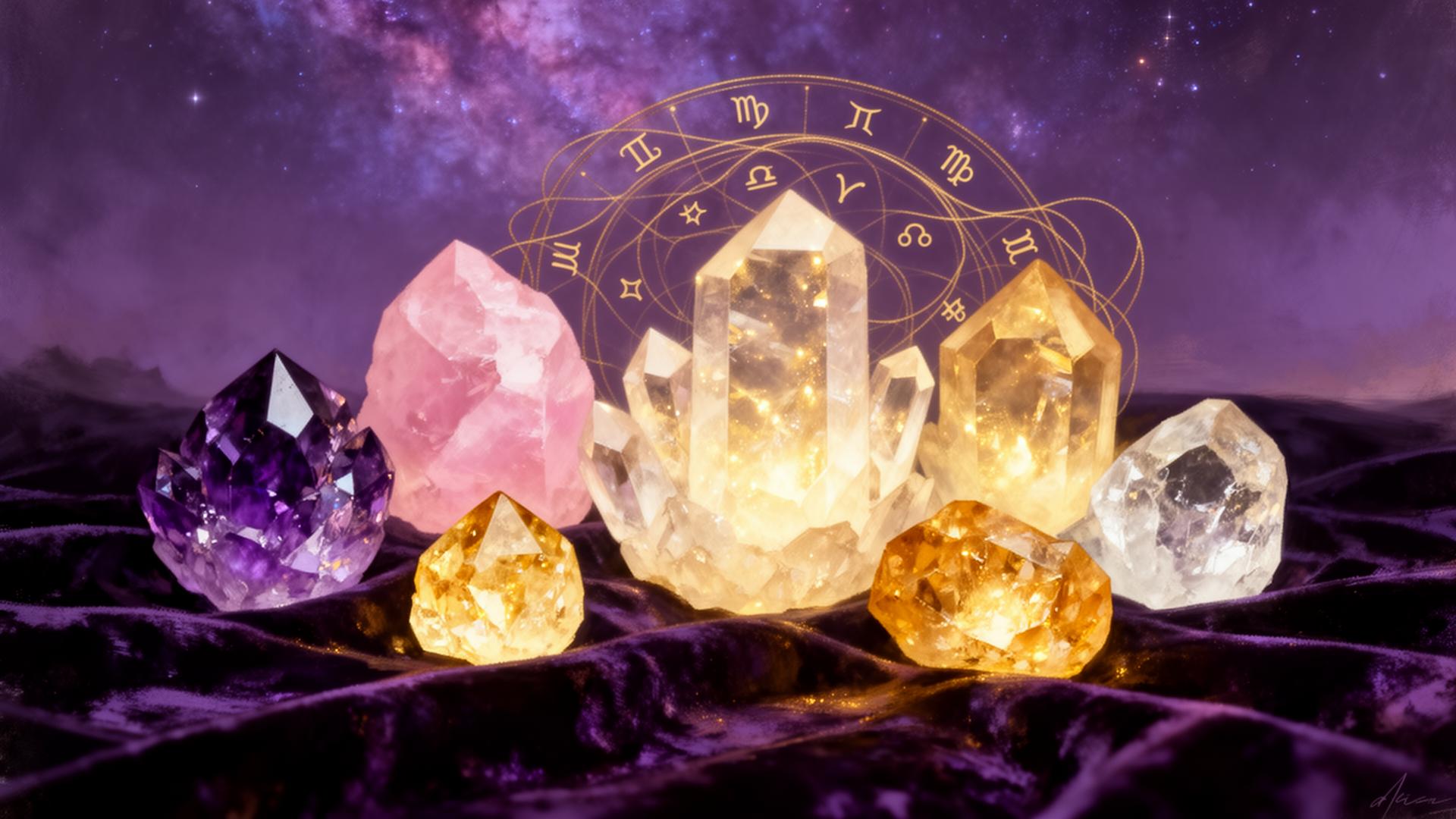 A constellation of luminous amethyst, rose quartz, citrine and clear quartz crystals on dark velvet beneath a golden zodiac wheel and a violet cosmic sky
