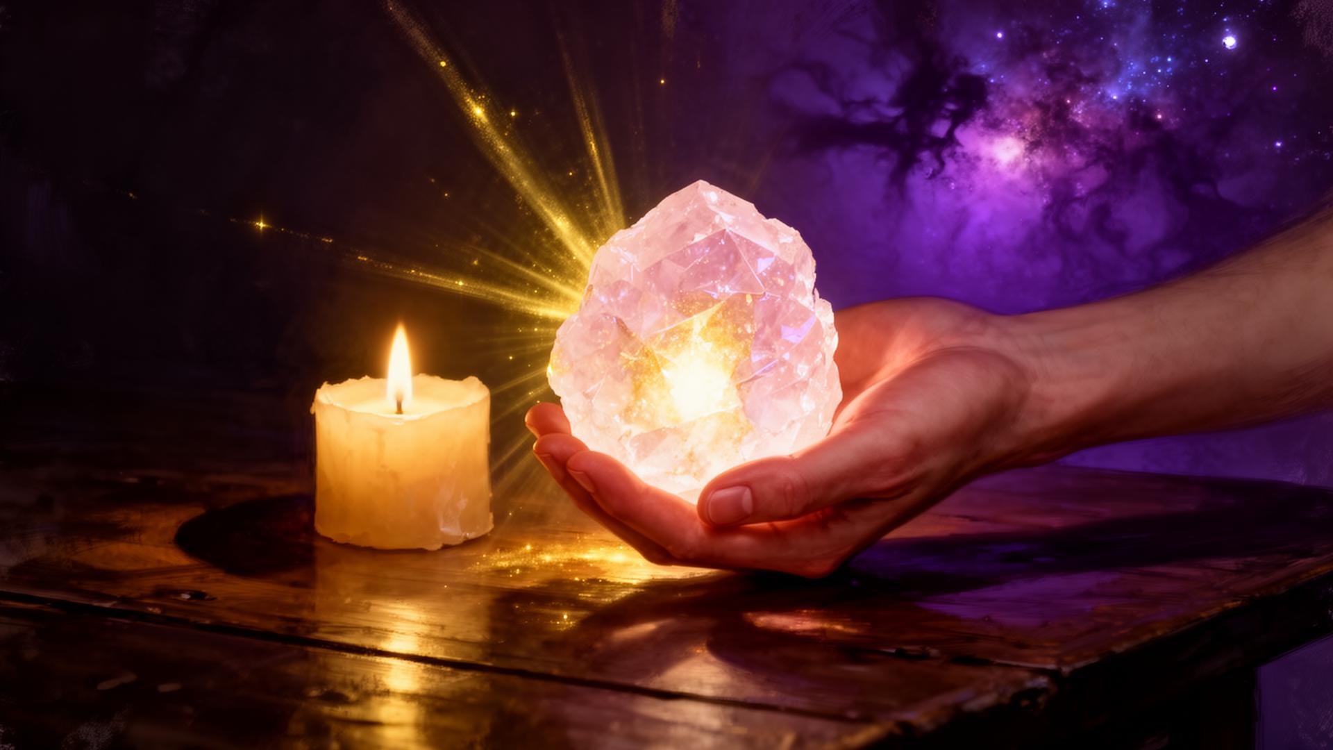 An open hand cradling a glowing rose quartz crystal beside a single candle on a dark wooden table, golden light radiating from the stone
