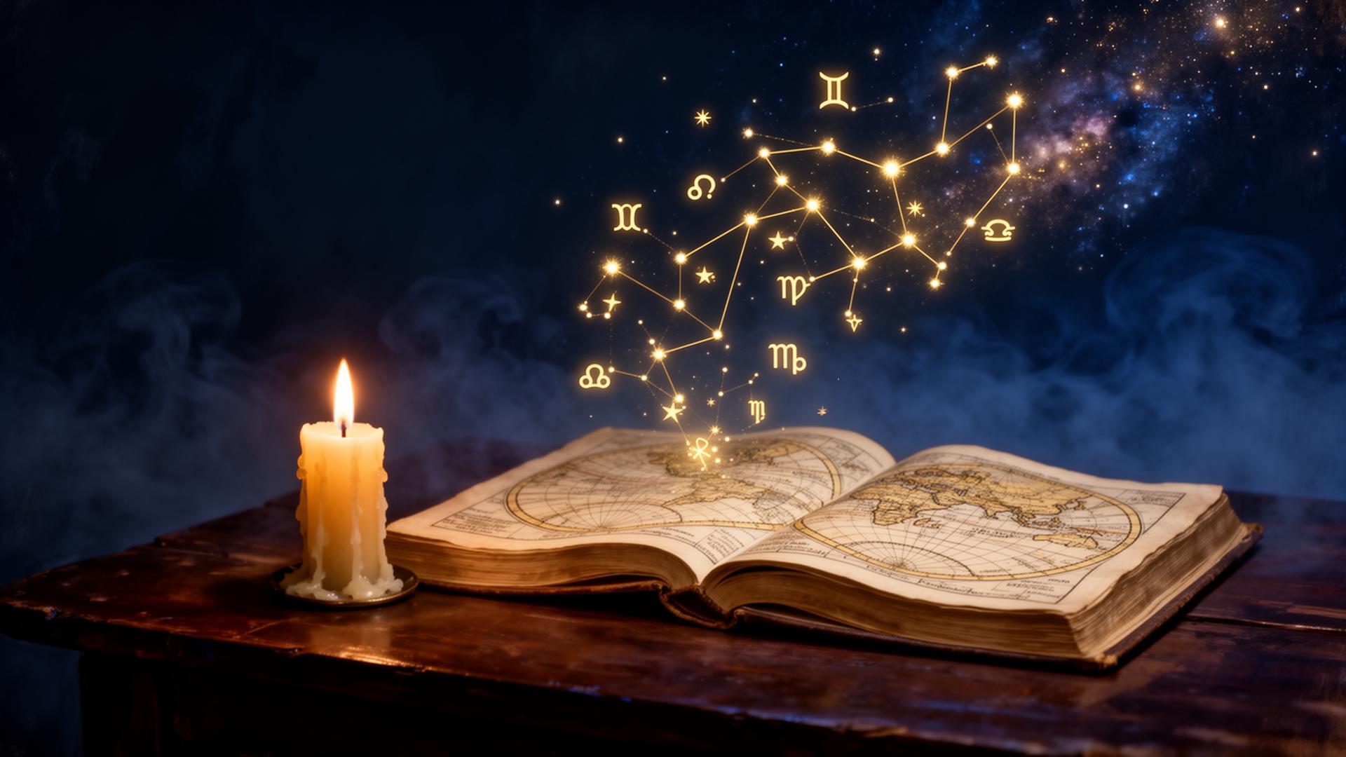 An open antique star chart on a dark wooden table beside a single candle, golden constellations and zodiac symbols rising from the page