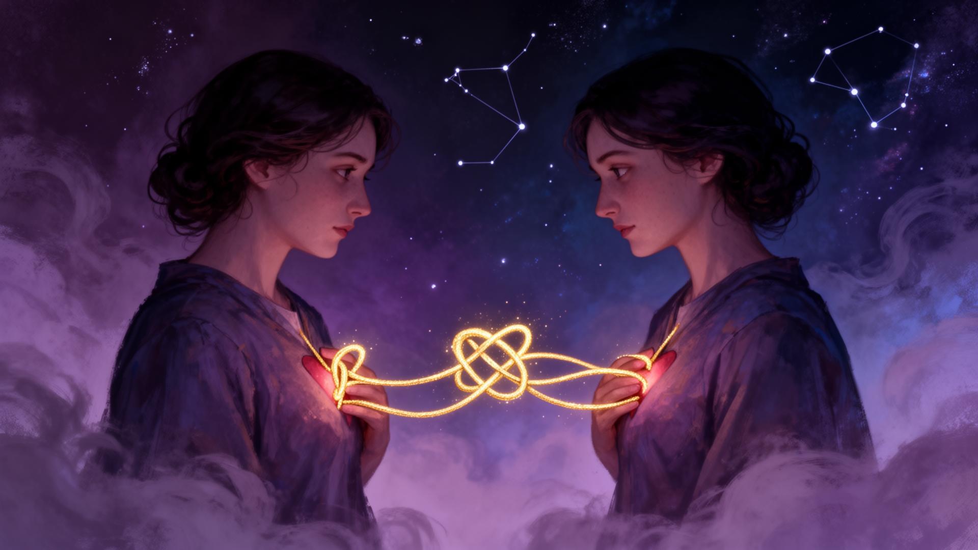 Two souls facing each other, hearts tied by a glowing golden knot