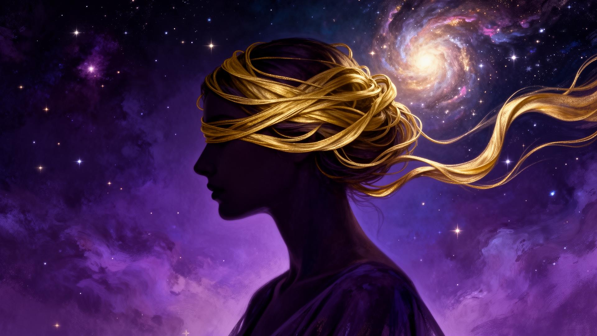 A woman in profile under a cosmic sky, golden thread woven around her mind
