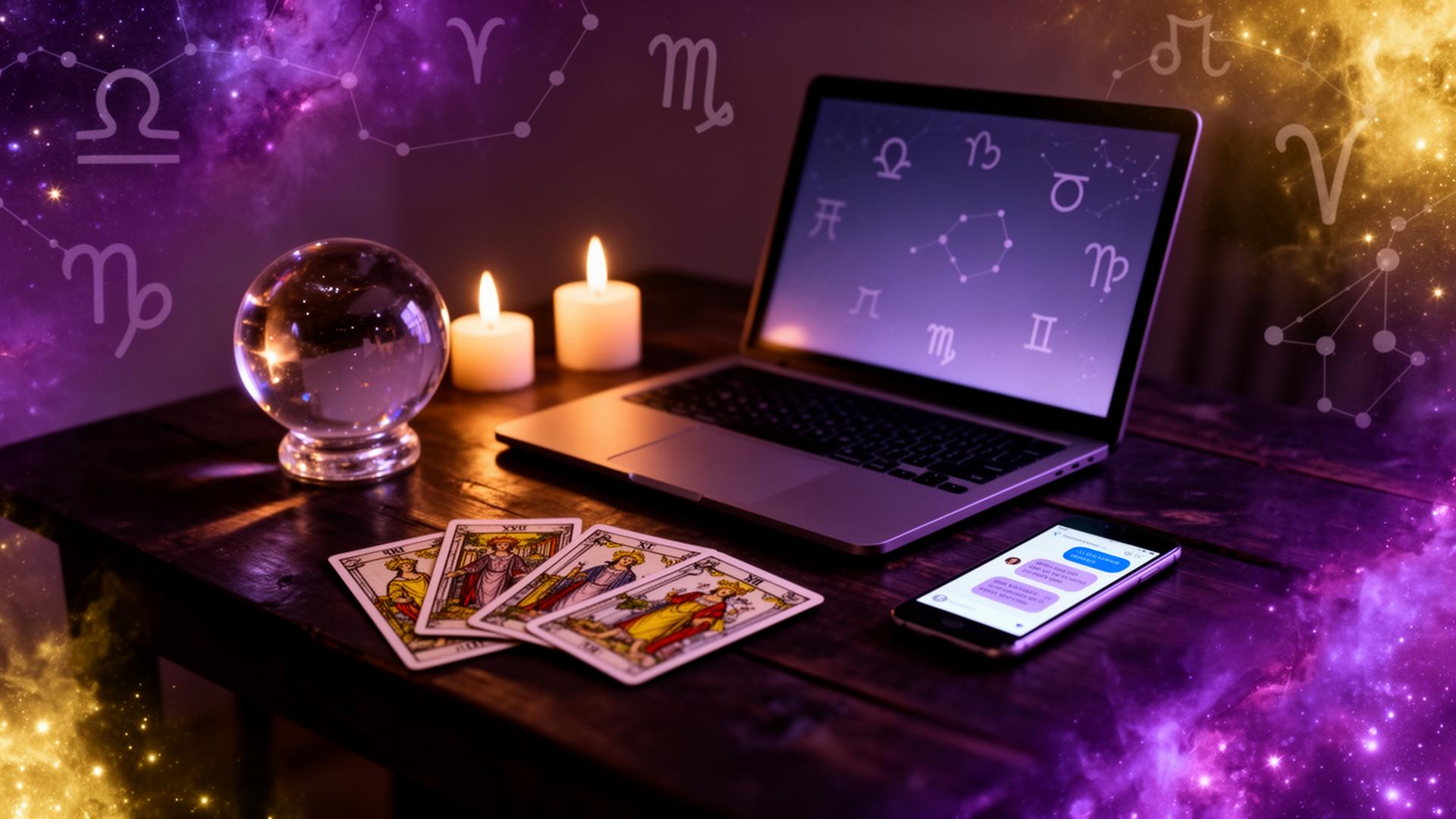 A candlelit table with a glowing laptop, crystal ball, fanned tarot cards and a phone mid-chat, surrounded by violet and gold cosmic constellations