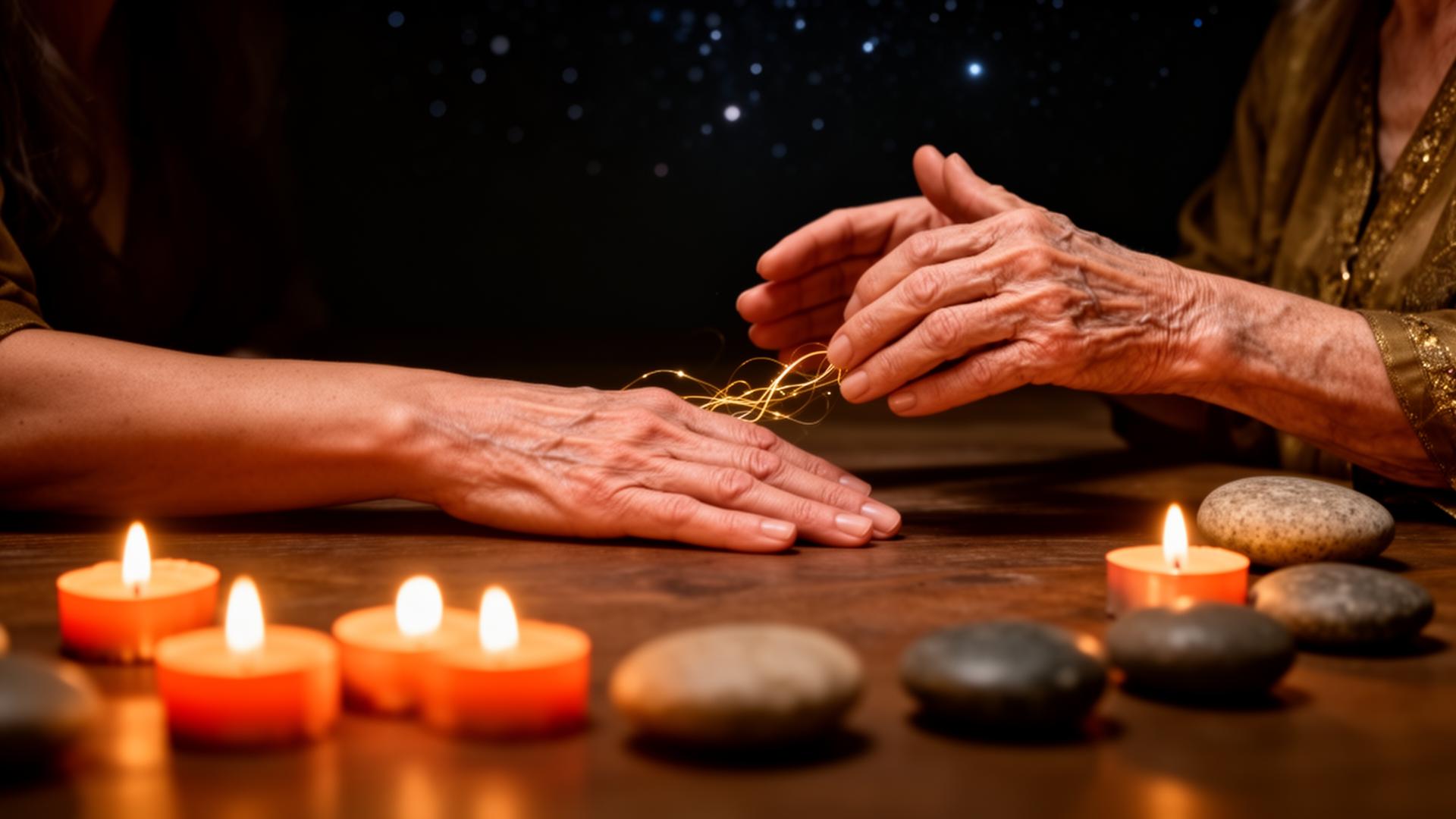 Two pairs of hands meeting over a candlelit table, a faint thread of golden energy passing between them