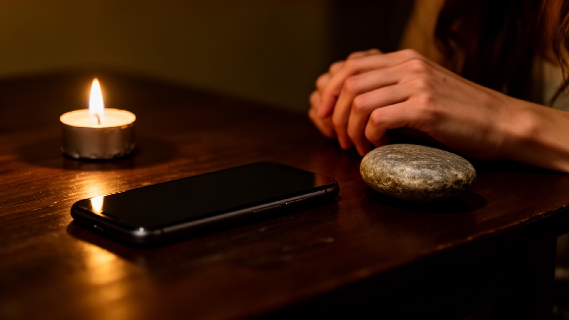 A phone face-down beside a single candle on a dark wooden table, a hand resting nearby