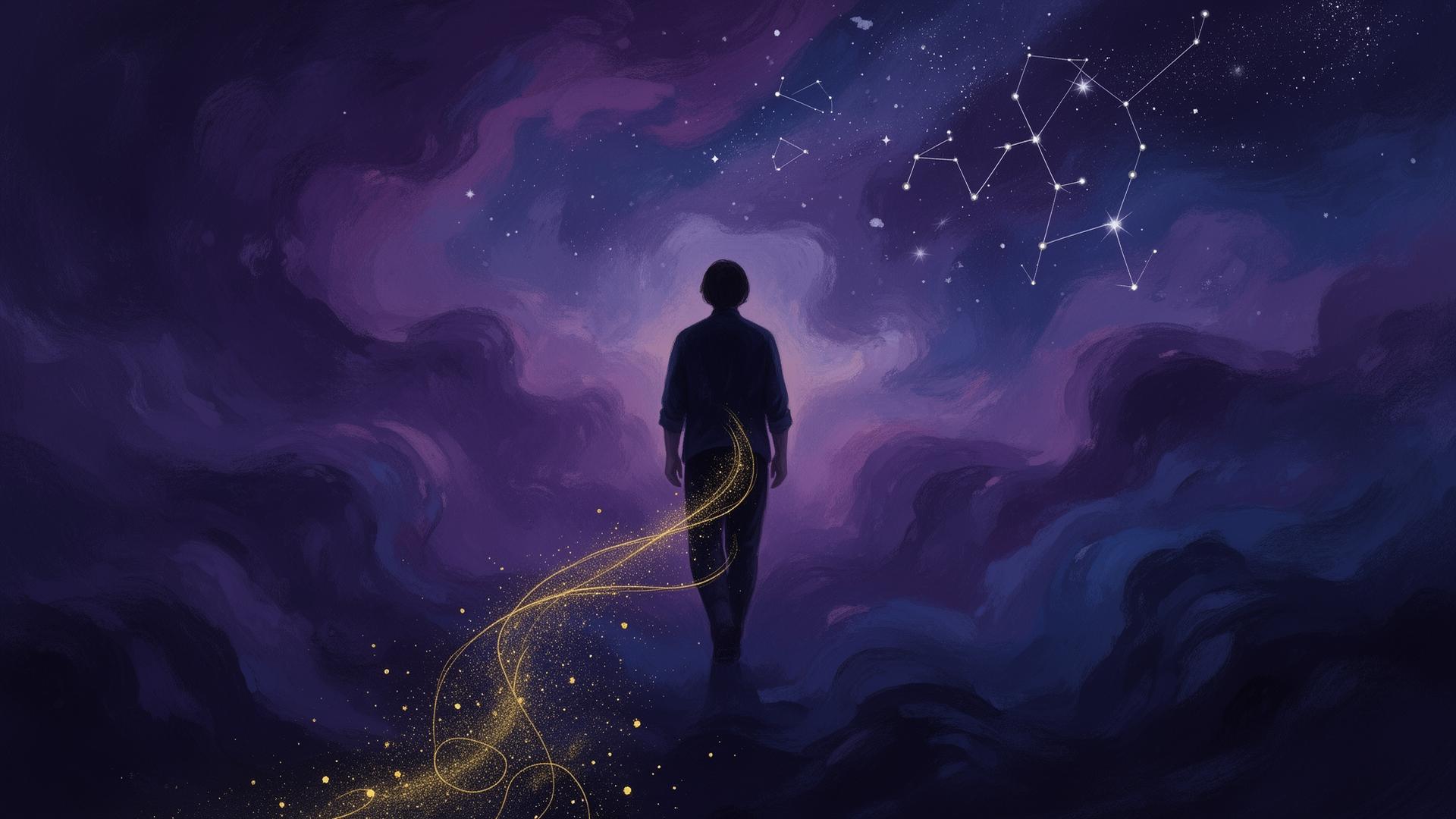 A figure walking away into a violet cosmic mist, golden thread unraveling behind them